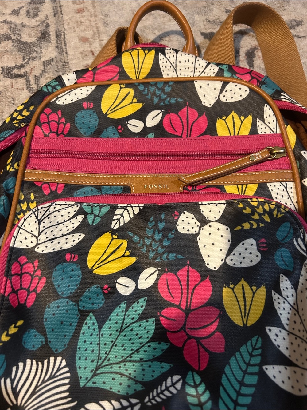 Fossil Black Floral Print Backpack with Pink, Yellow & Teal Accents - Picture 2 of 5